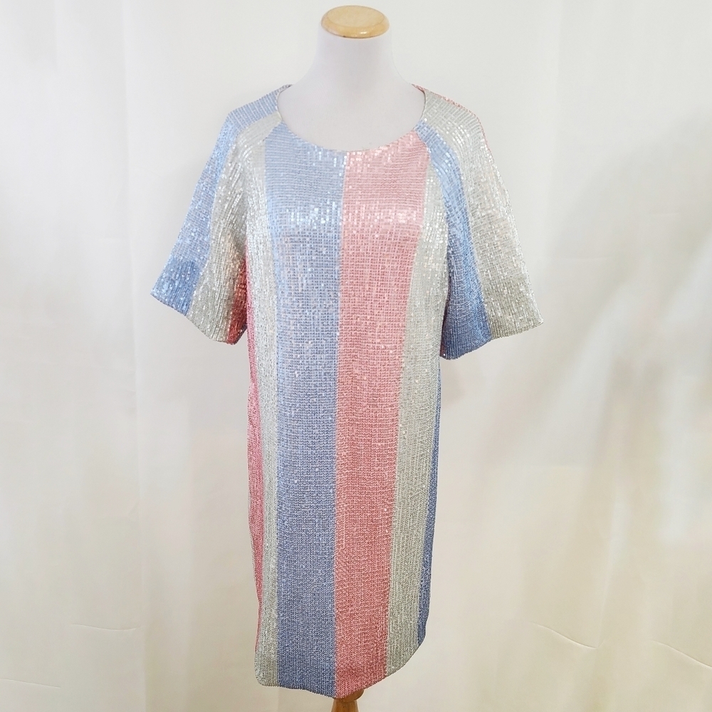 Cesar Galindo pastel striped sequin dress shift shirt dress pink and blue
